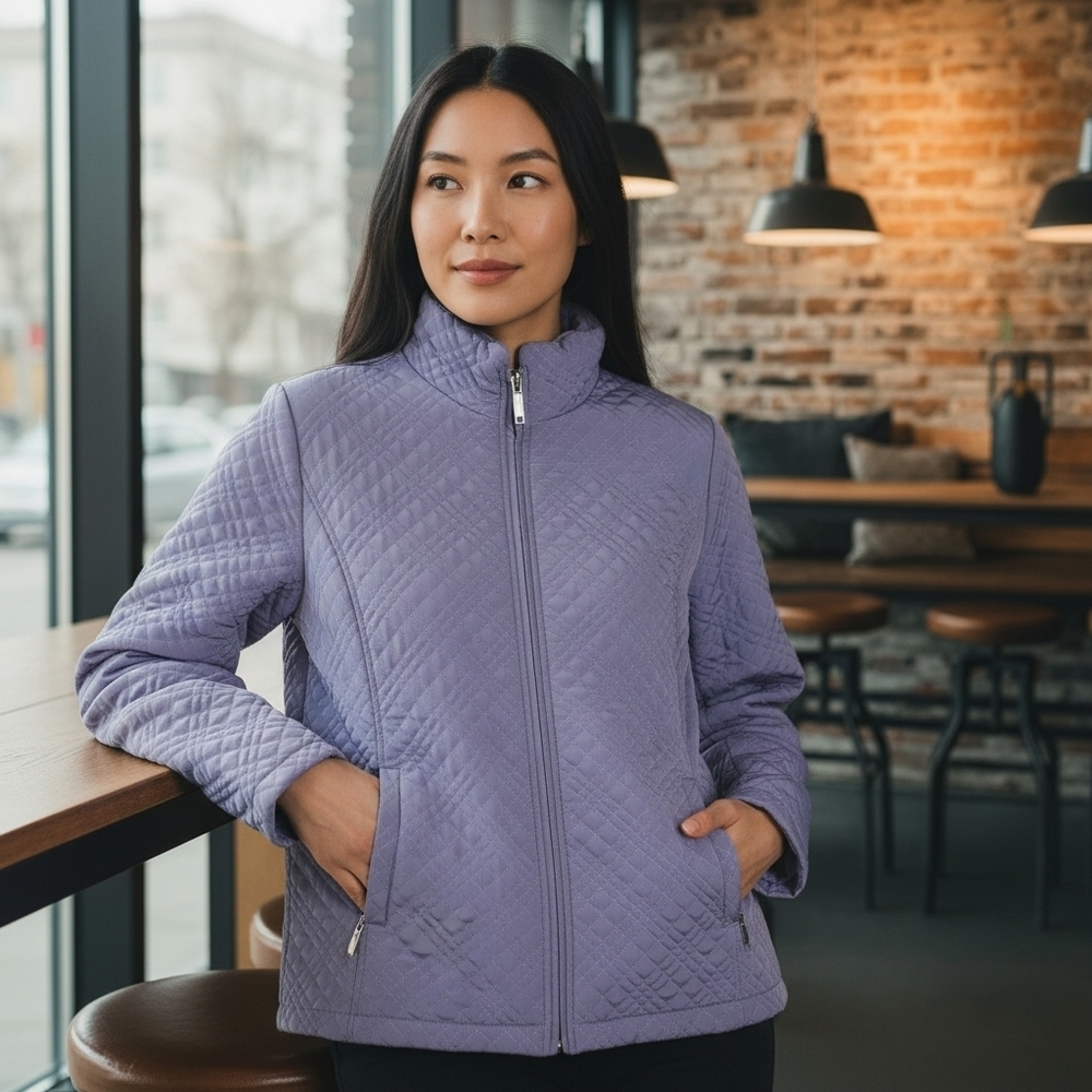 Gallery Lavender Quilted Puffer Jacket Large Zip Front Lightweight Winter Coat